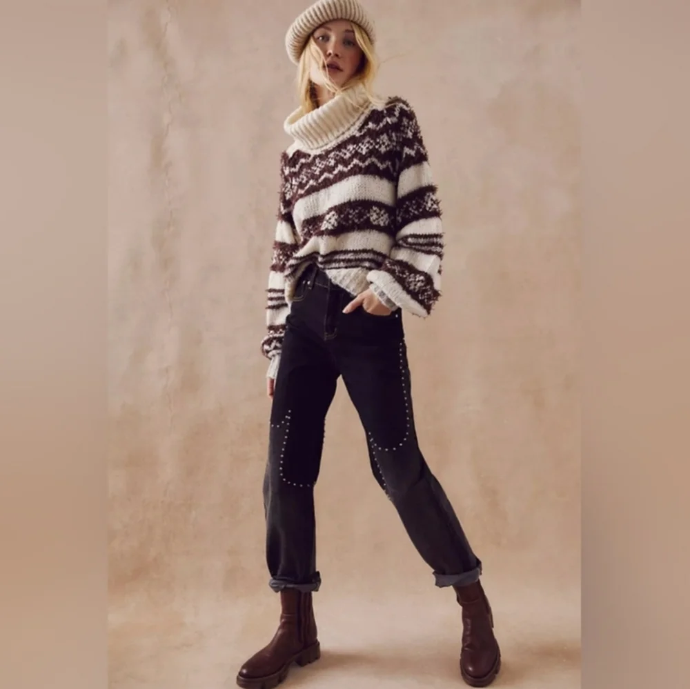 FREE PEOPLE Check Me Out Brown and Cream Turtleneck Cropped Sweater NWT M